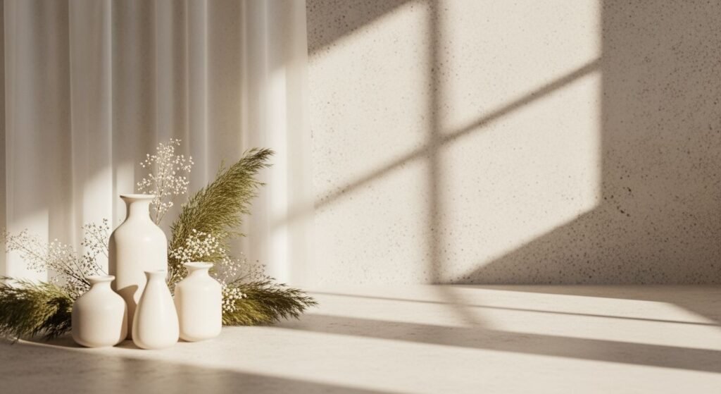 Group of vases sitting on top of a table next to a window Background Image