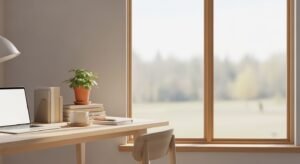 Laptop computer sitting on top of a wooden desk next to a window Background Image
