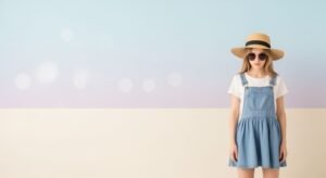 Little girl wearing a straw hat and overalls Background Image