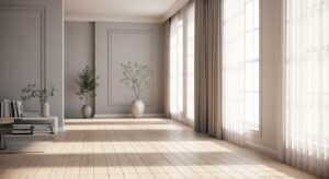 Living room with hardwood floors and large windows Background Image