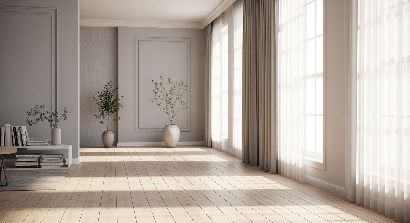 Living room with hardwood floors and large windows Background Image