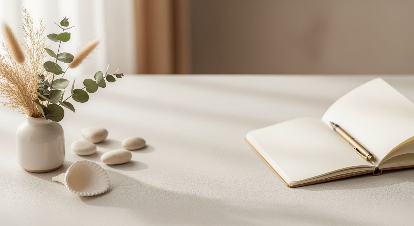 Notebook and a pen sitting on a table next to a vase of flowers Background Image