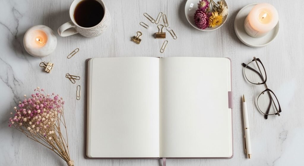 Notebook, glasses, a cup of coffee, and a bouquet of flowers on a table Background Image
