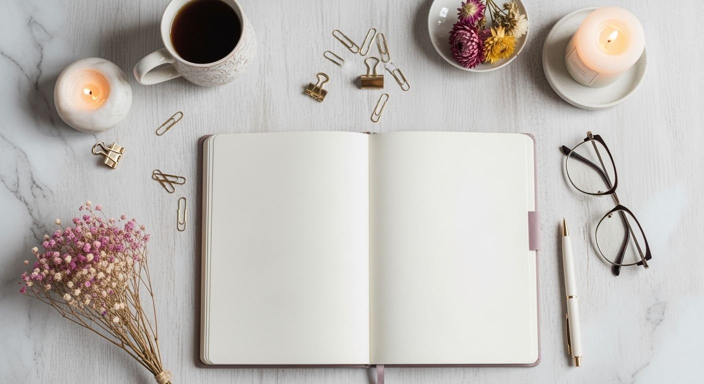 Notebook, glasses, a cup of coffee, and a bouquet of flowers on a table Background Image