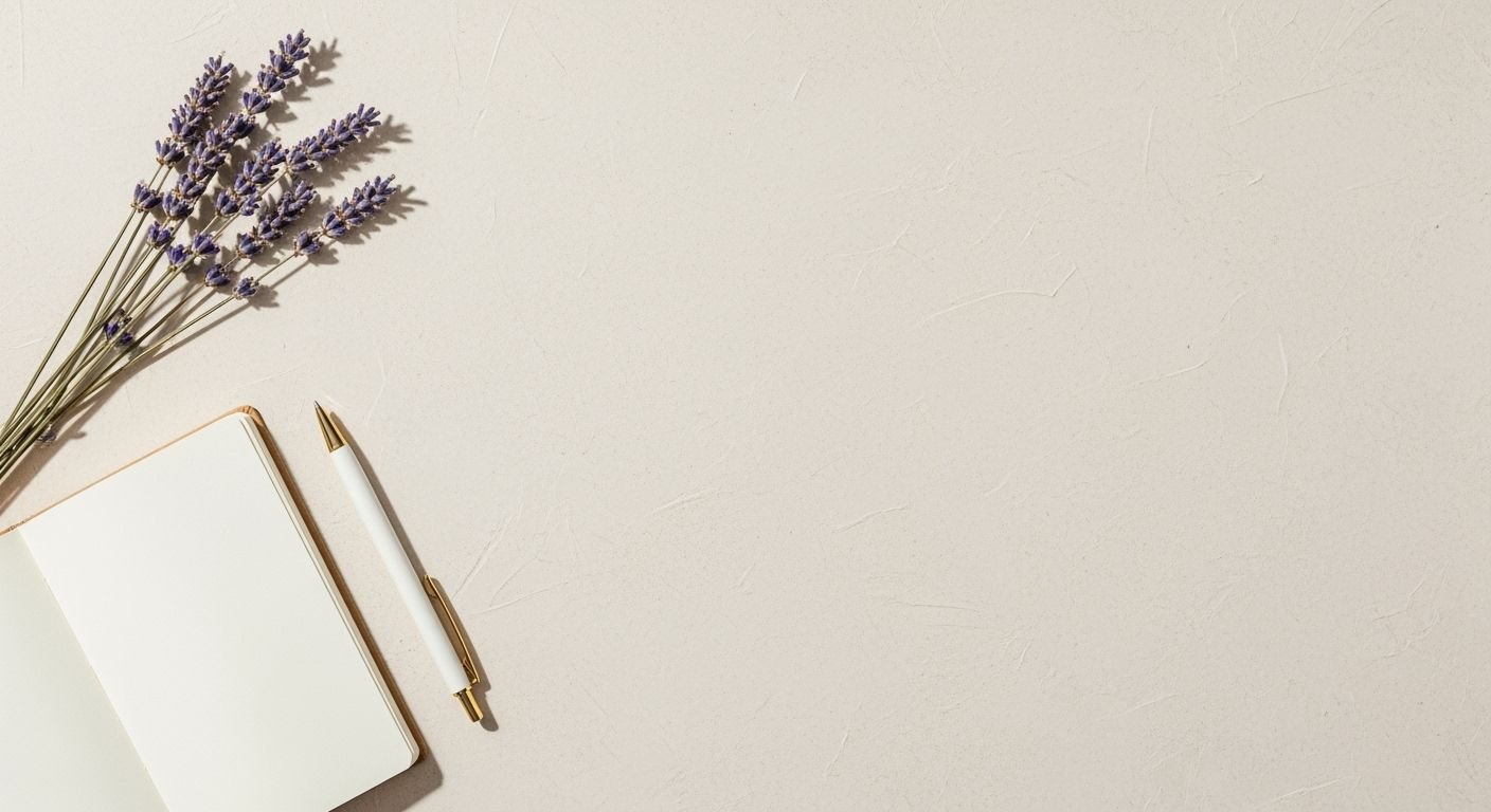 Notebook, pen and lavender flowers on a white surface Background Image