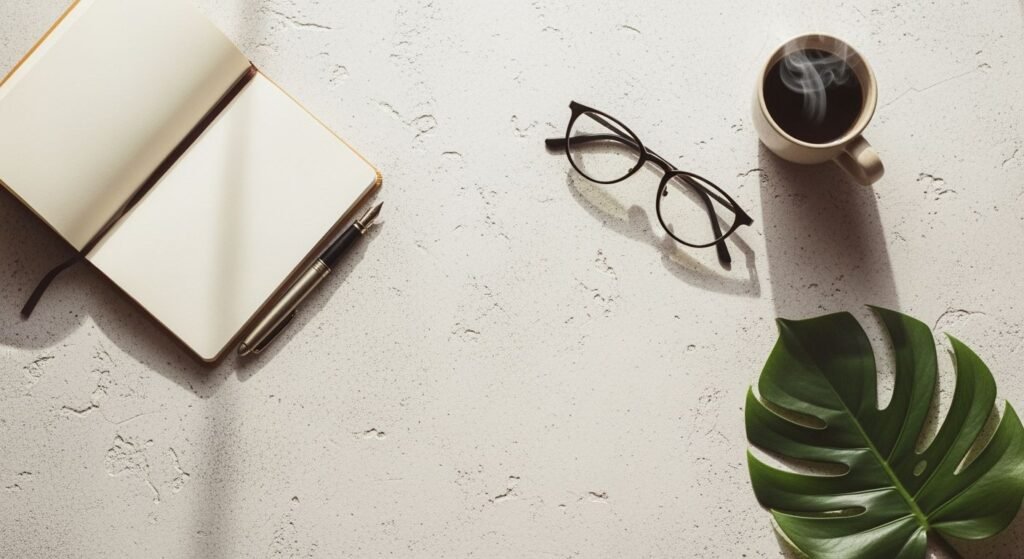 Notebook, pen, glasses and a cup of coffee on a table Background Image