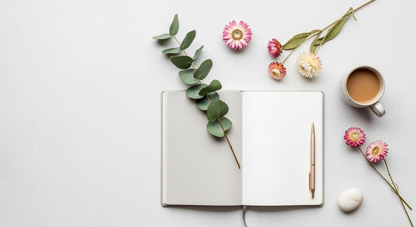 Notebook with a pen and flowers next to a cup of coffee Background Image