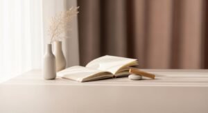 Open book sitting on top of a table next to a vase Background Image