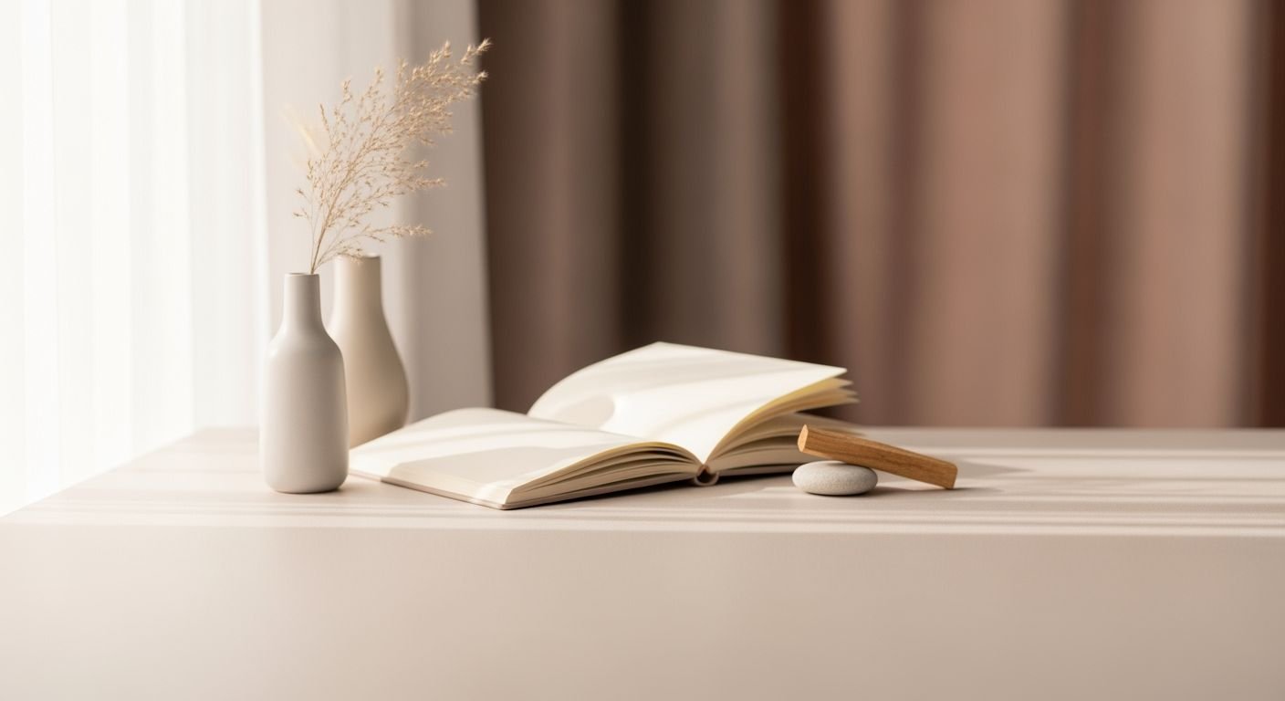 Open book sitting on top of a table next to a vase Background Image