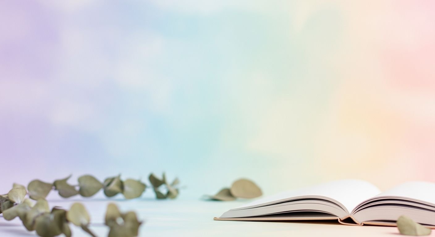 Open book with eucalyptus leaves on a table Background Image