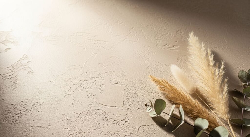 Pampas grass and eucalyptus leaves on a wall Background Image