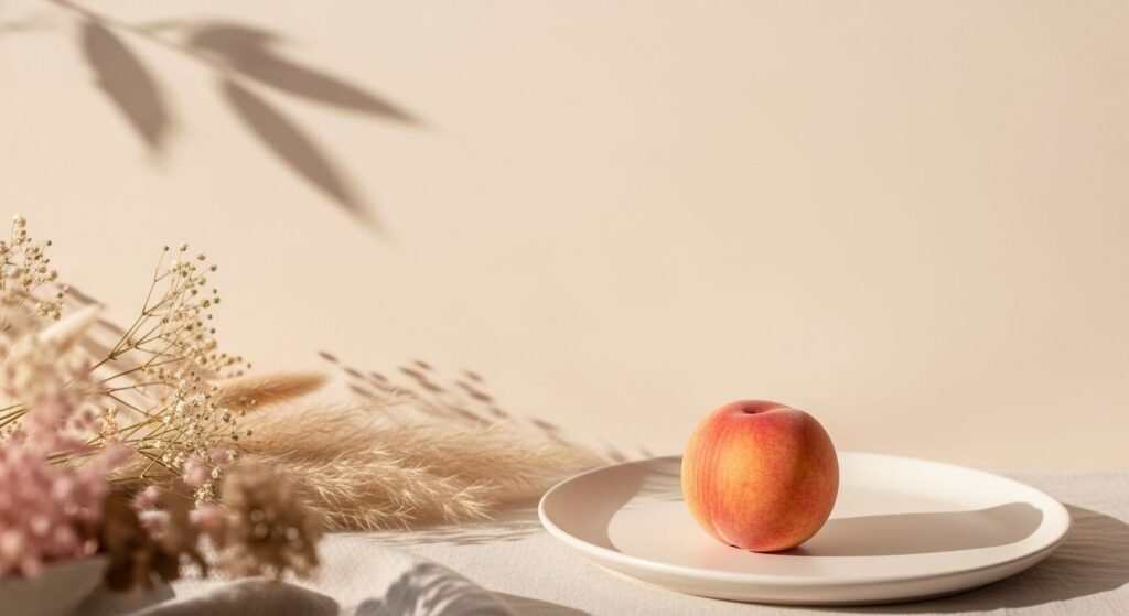 Peach sits on a white plate on a table Background Image