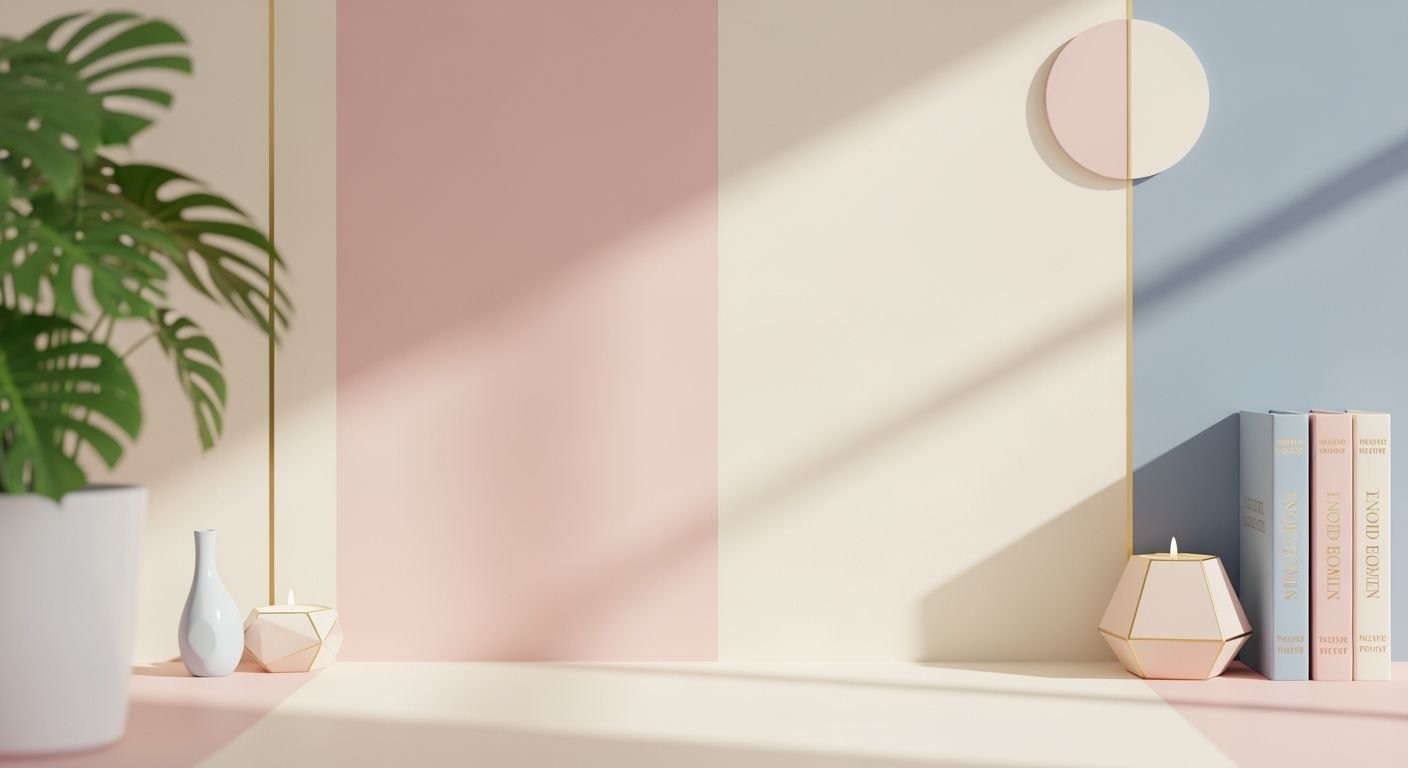 Pink and blue wall with a plant in a vase Background Image