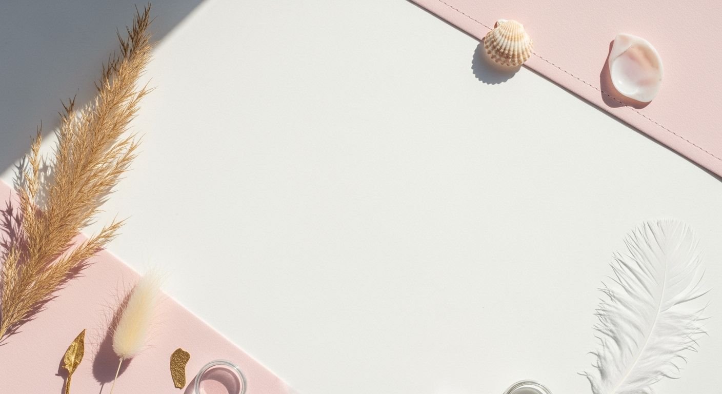 Pink and white table with shells and feathers on it Background Image