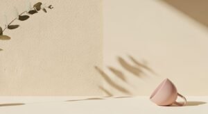 Pink cup sitting on top of a table next to a plant Background Image