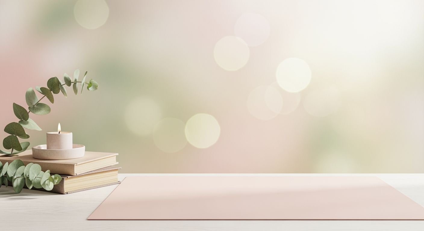 Pink yoga mat sitting on top of a table next to a candle Background Image