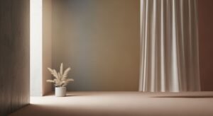 Potted plant sitting in front of a window next to a curtain Background Image