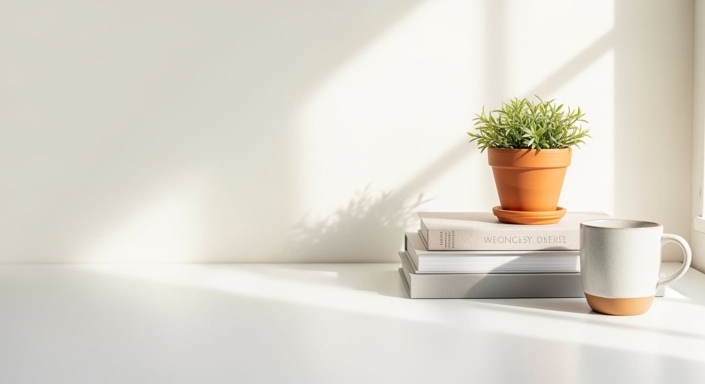 Potted plant sitting on top of a stack of books next to a cup Background Image