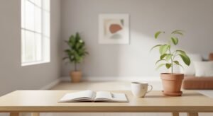 Potted plant sitting on top of a wooden table next to a book Background Image