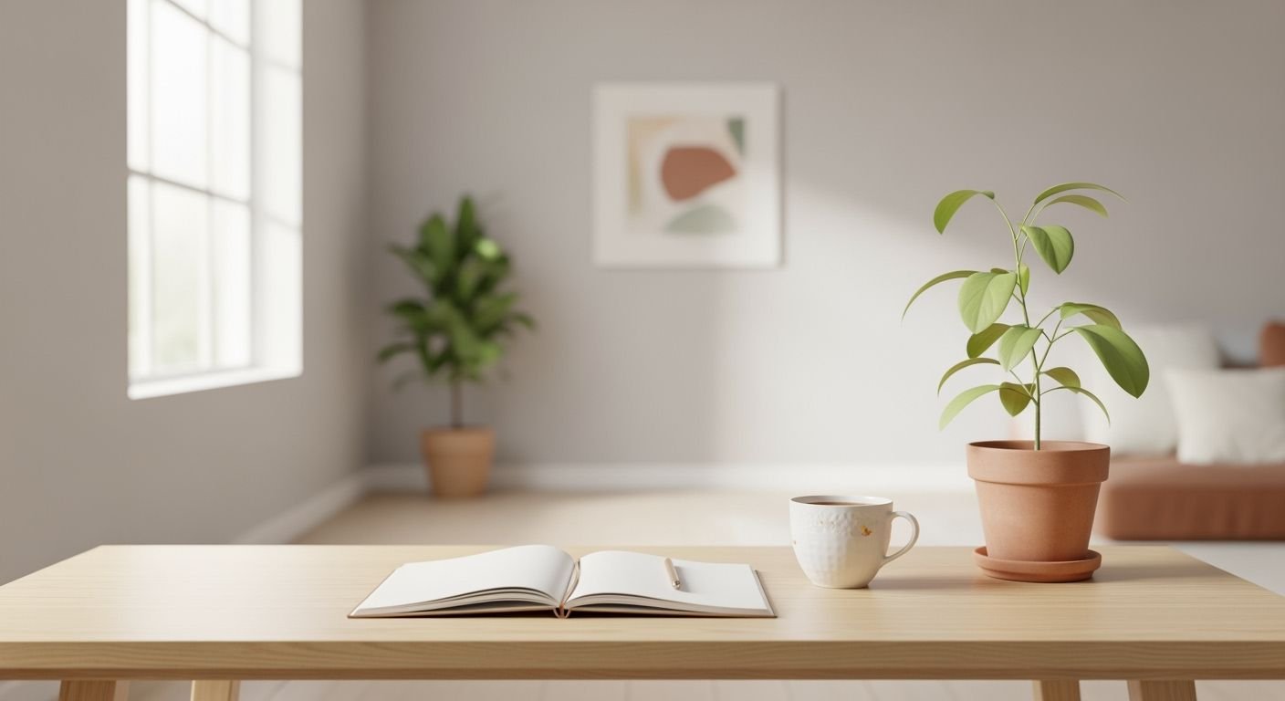 Potted plant sitting on top of a wooden table next to a book Background Image