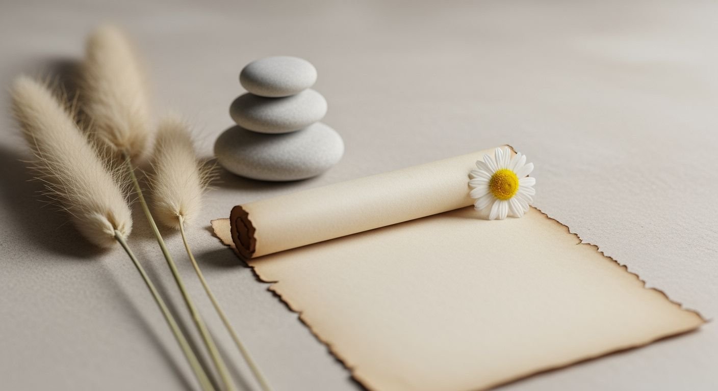 Rolled up paper with a flower next to a stack of stones Background Image