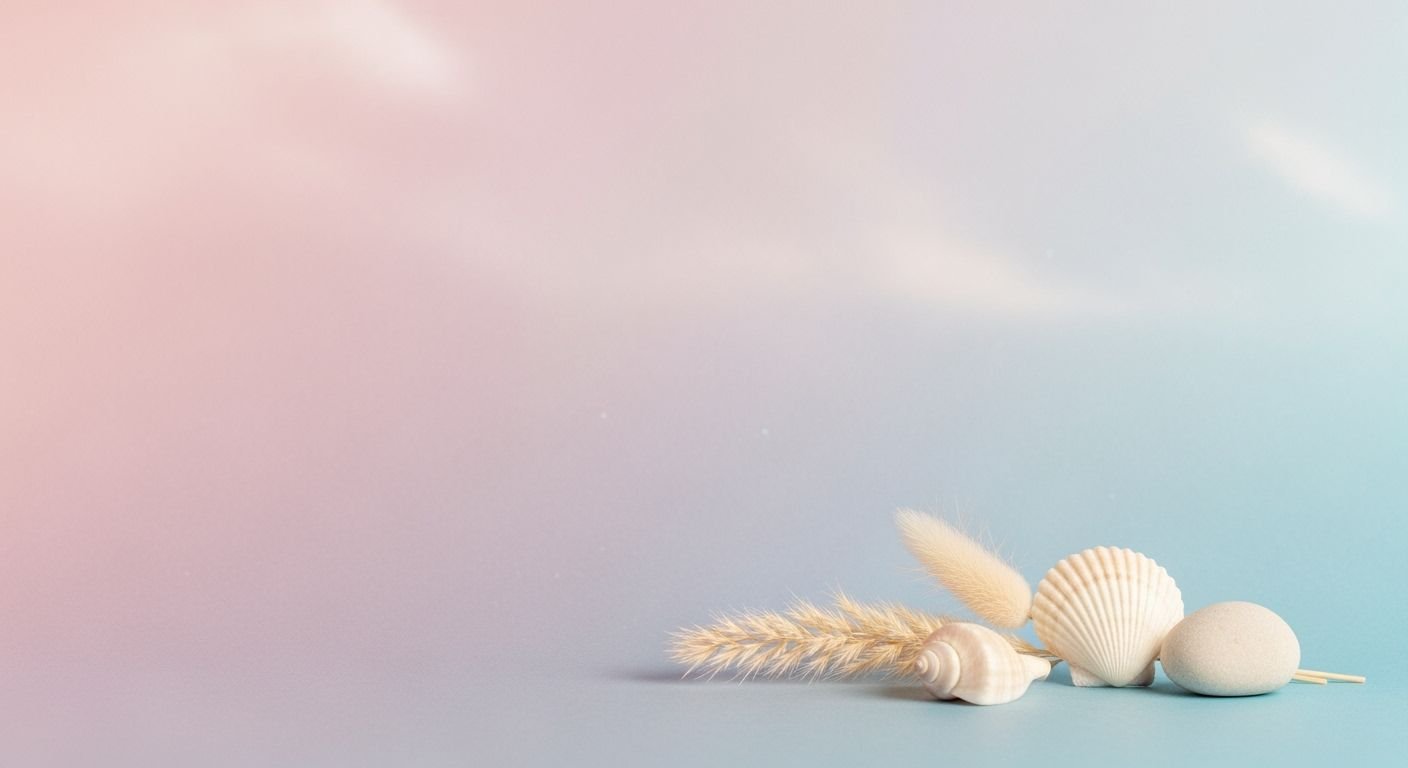 Seashells and wheat on a blue and pink background Background Image