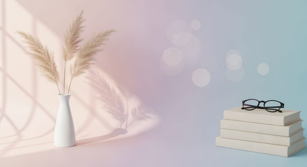 Stack of books and a vase of pampas grass on a table Background Image