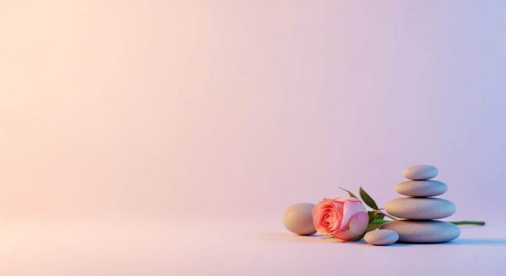 Stack of pebbles with a pink rose on top Background Image