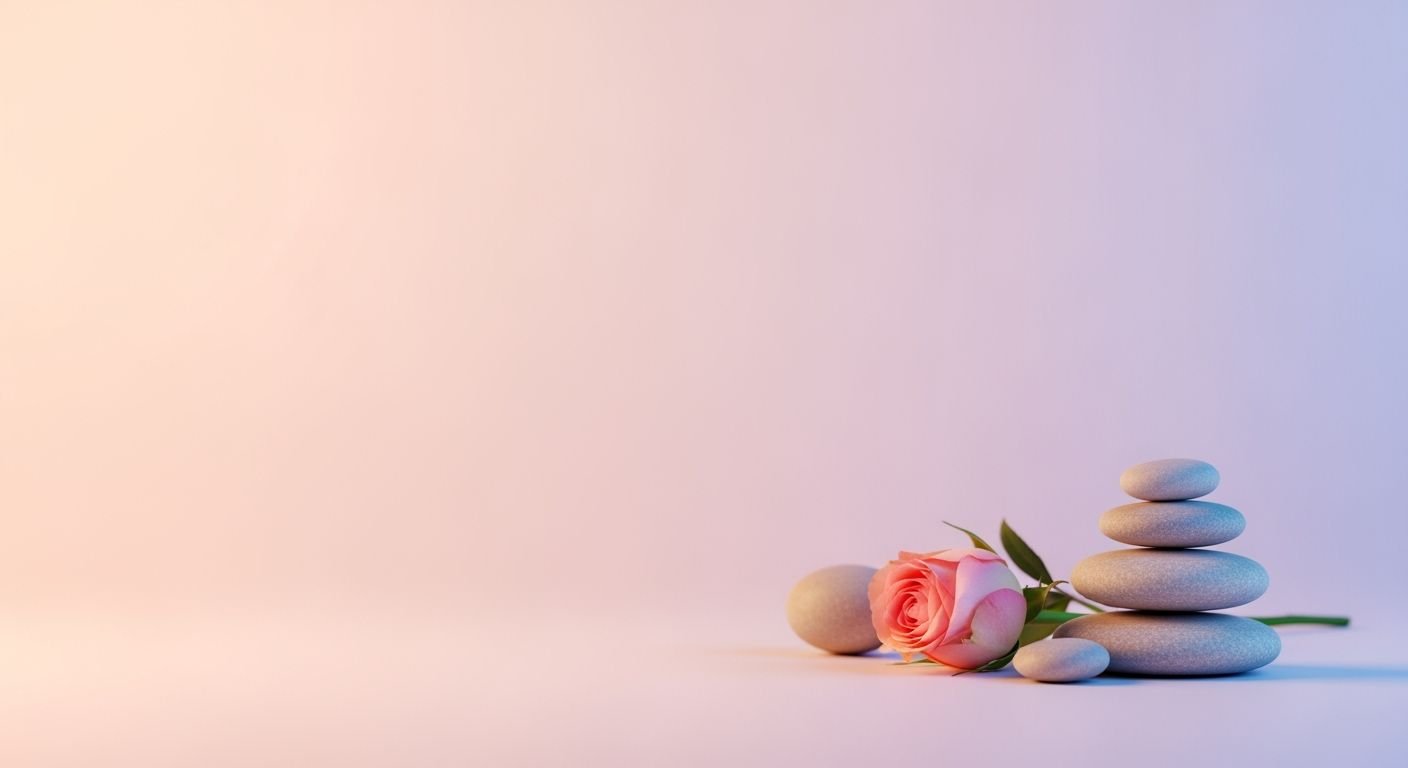 Stack of pebbles with a pink rose on top Background Image