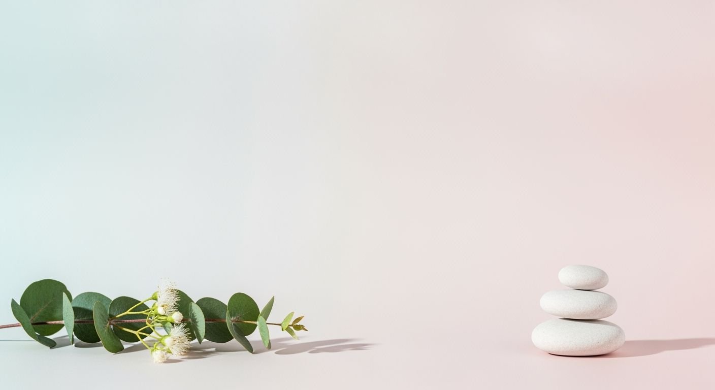 Stack of white pebbles next to a branch of eucalyptus Background Image