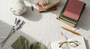 Table topped with books, glasses and a cup of coffee Background Image