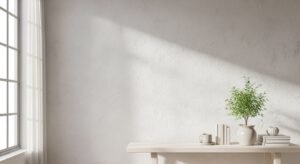 Table with a plant on top of it next to a window Background Image