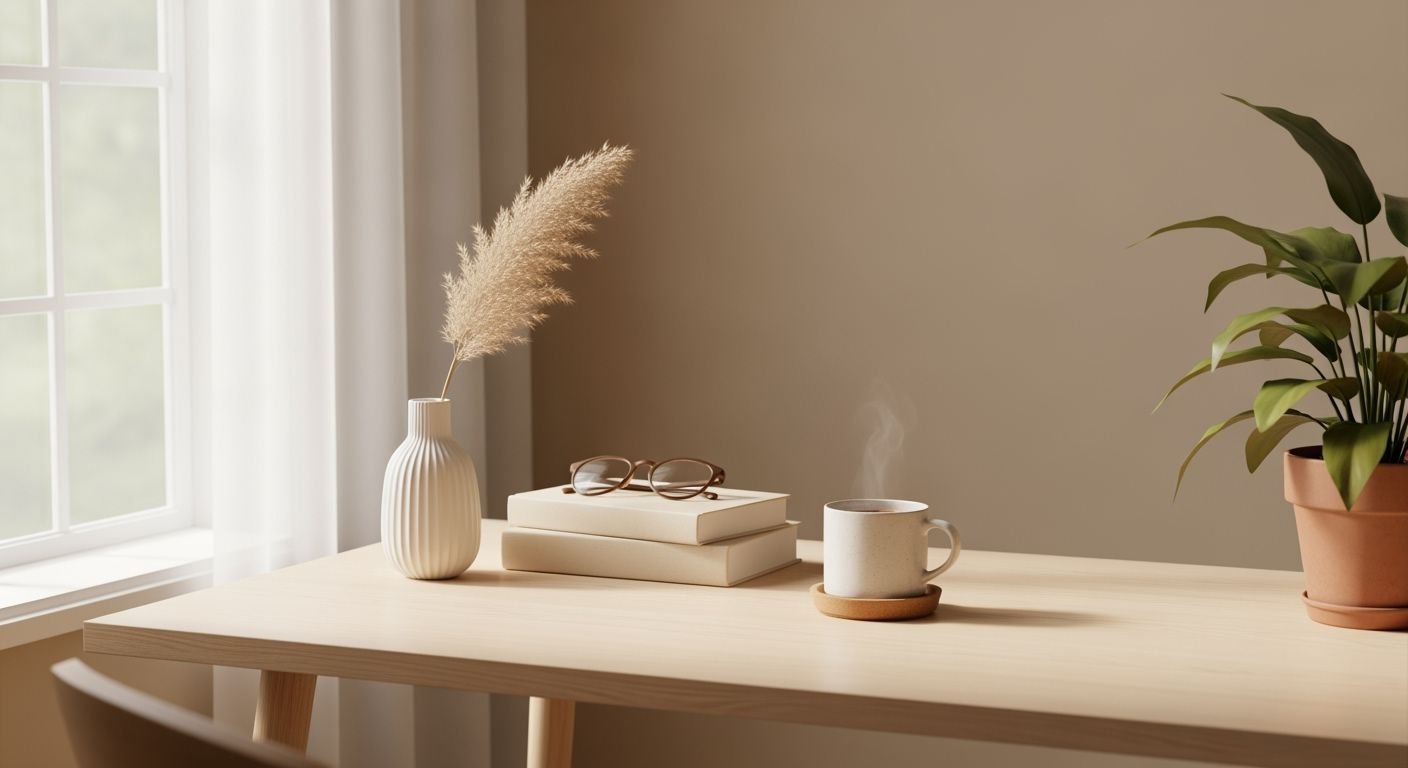 Table with a potted plant and a cup of coffee on it Background Image