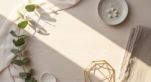 Table with a white shirt and a plant on it Background Image
