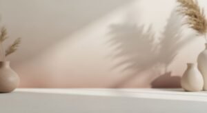 Three vases sitting on top of a table next to a wall Background Image