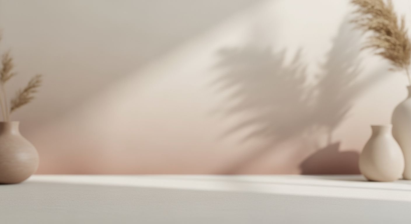 Three vases sitting on top of a table next to a wall Background Image