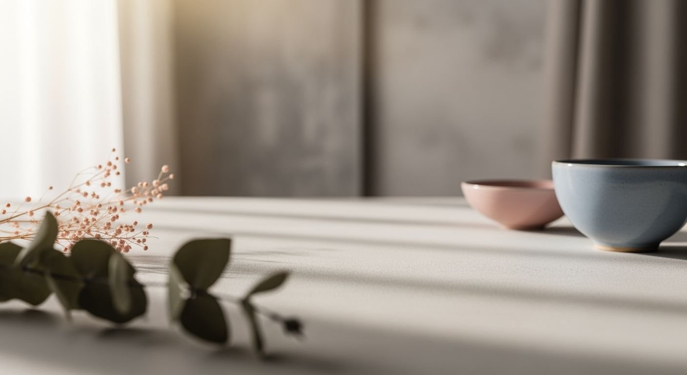 Two bowls sitting on top of a table next to a window Background Image