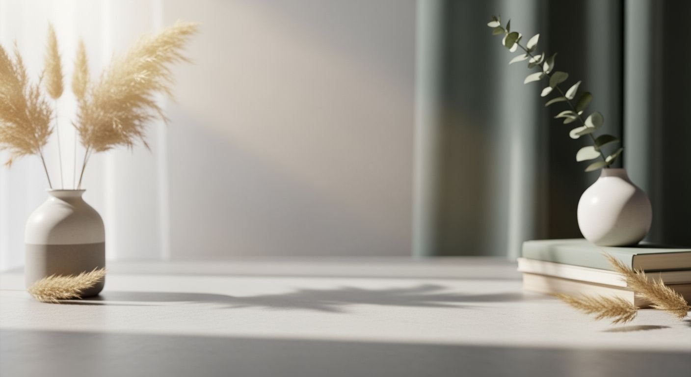 Two vases sitting on top of a table next to a window Background Image