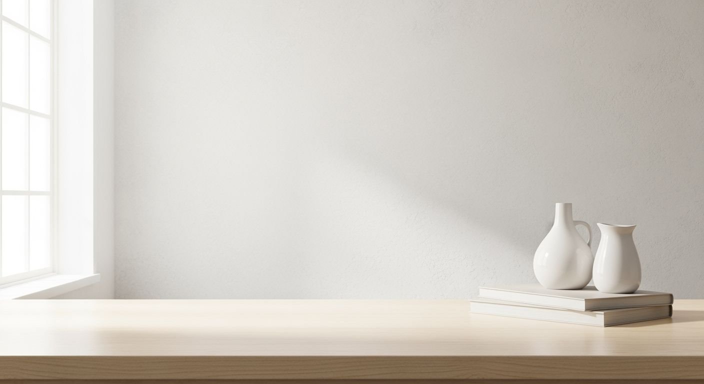 Two white vases sitting on top of a wooden table Background Image