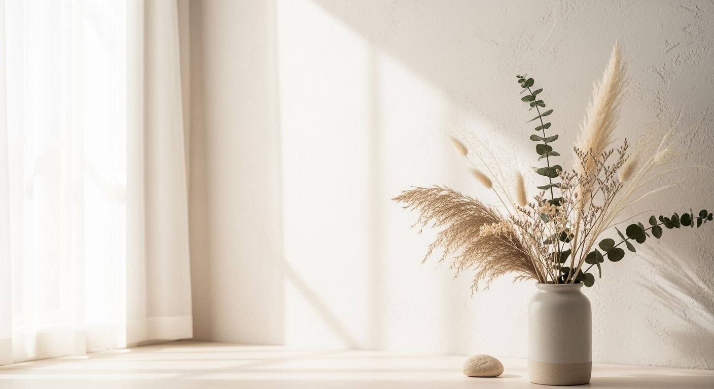 Vase filled with dried flowers sitting on a window sill Background Image