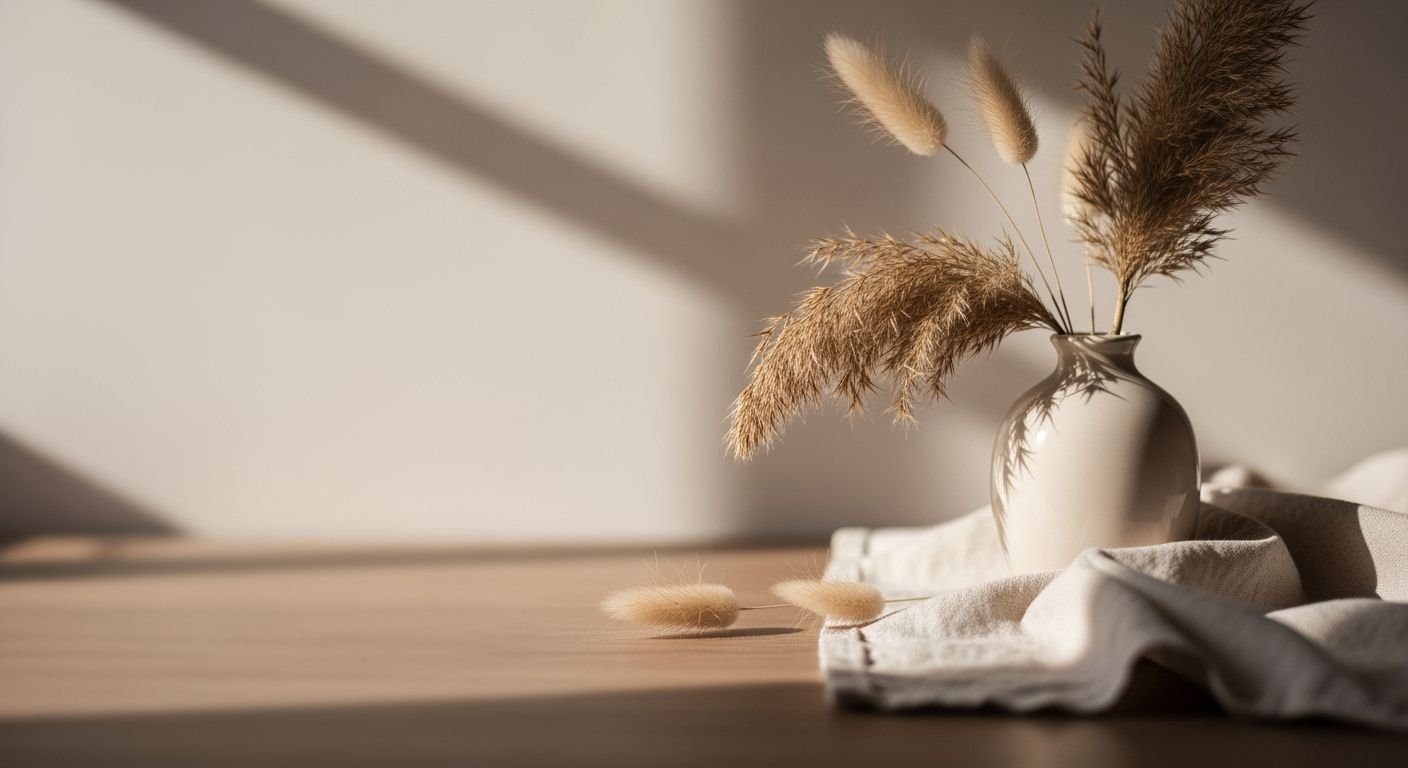 Vase filled with pampas grass sitting on top of a wooden table Background Image