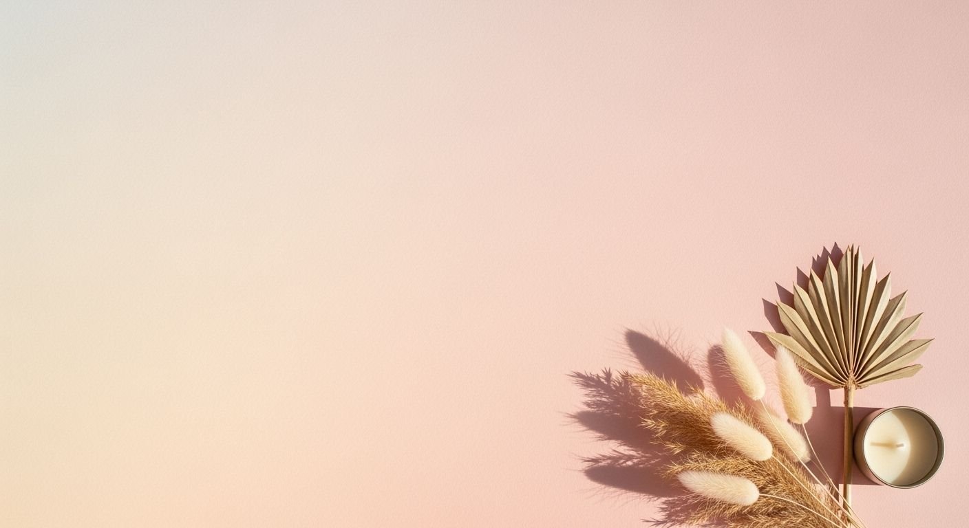 Vase of flowers and a candle on a pink background Background Image