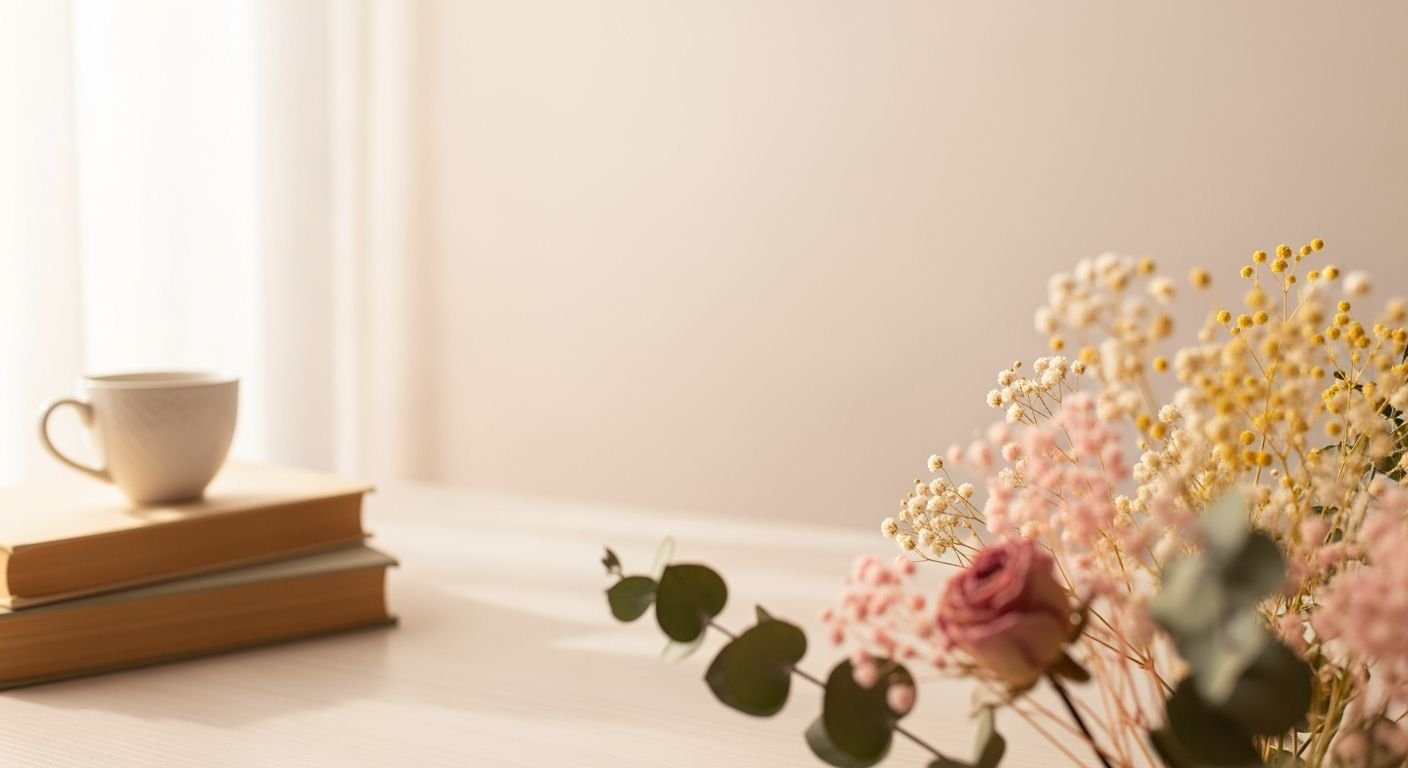 Vase of flowers and a cup of coffee on a table Background Image