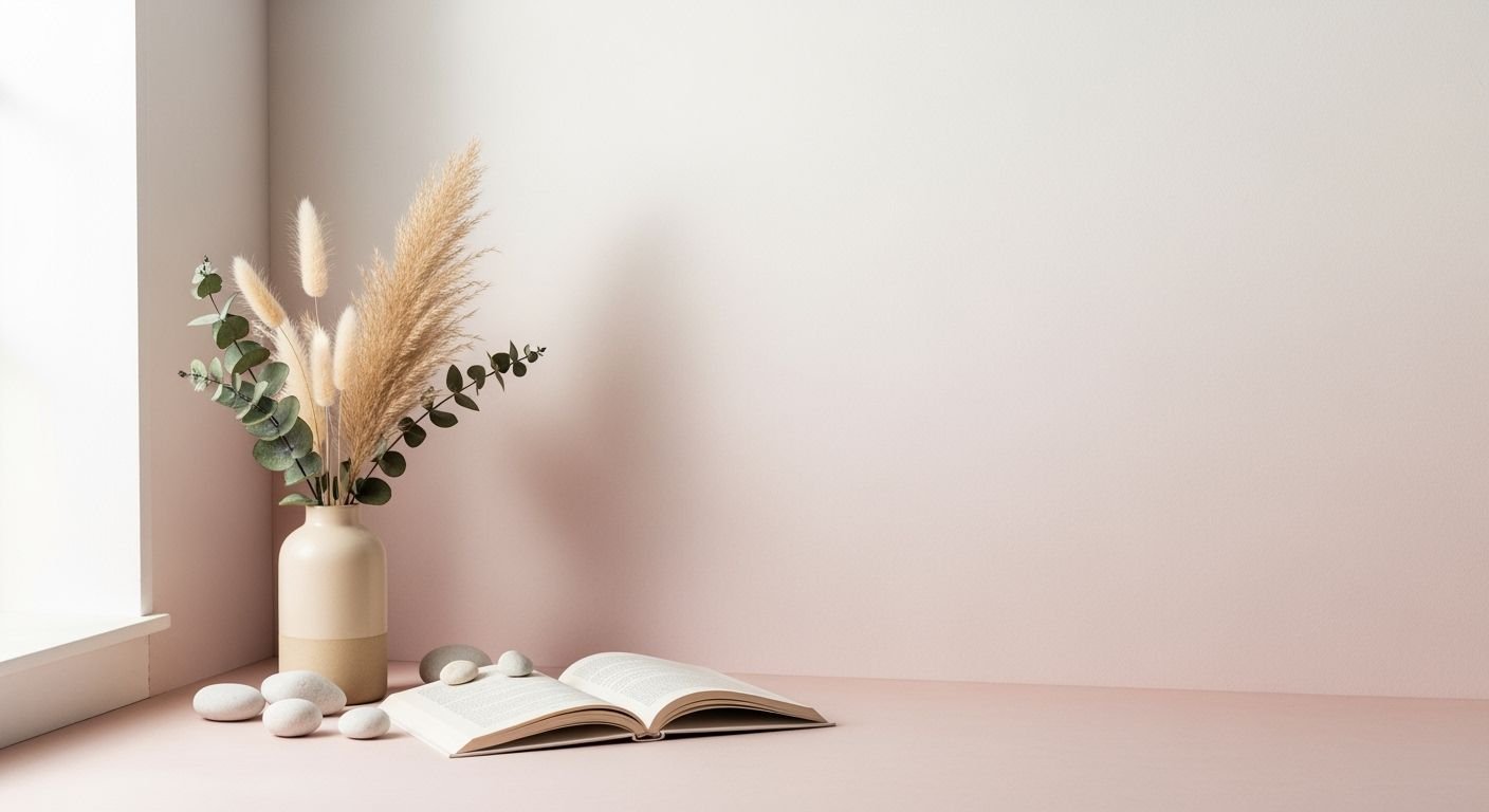 Vase of flowers sitting on top of a table next to a book Background Image