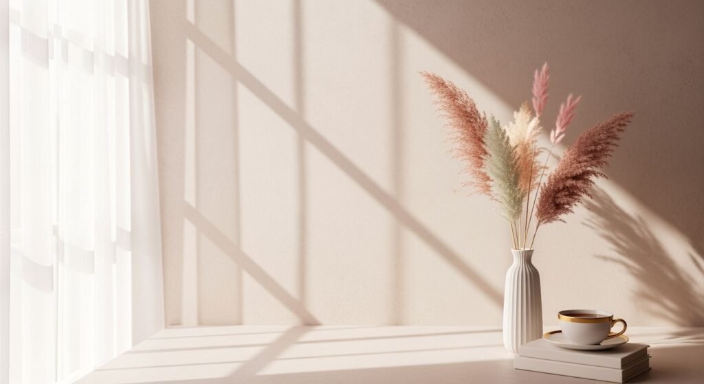 Vase of pampas grass next to a cup of coffee on a table Background Image