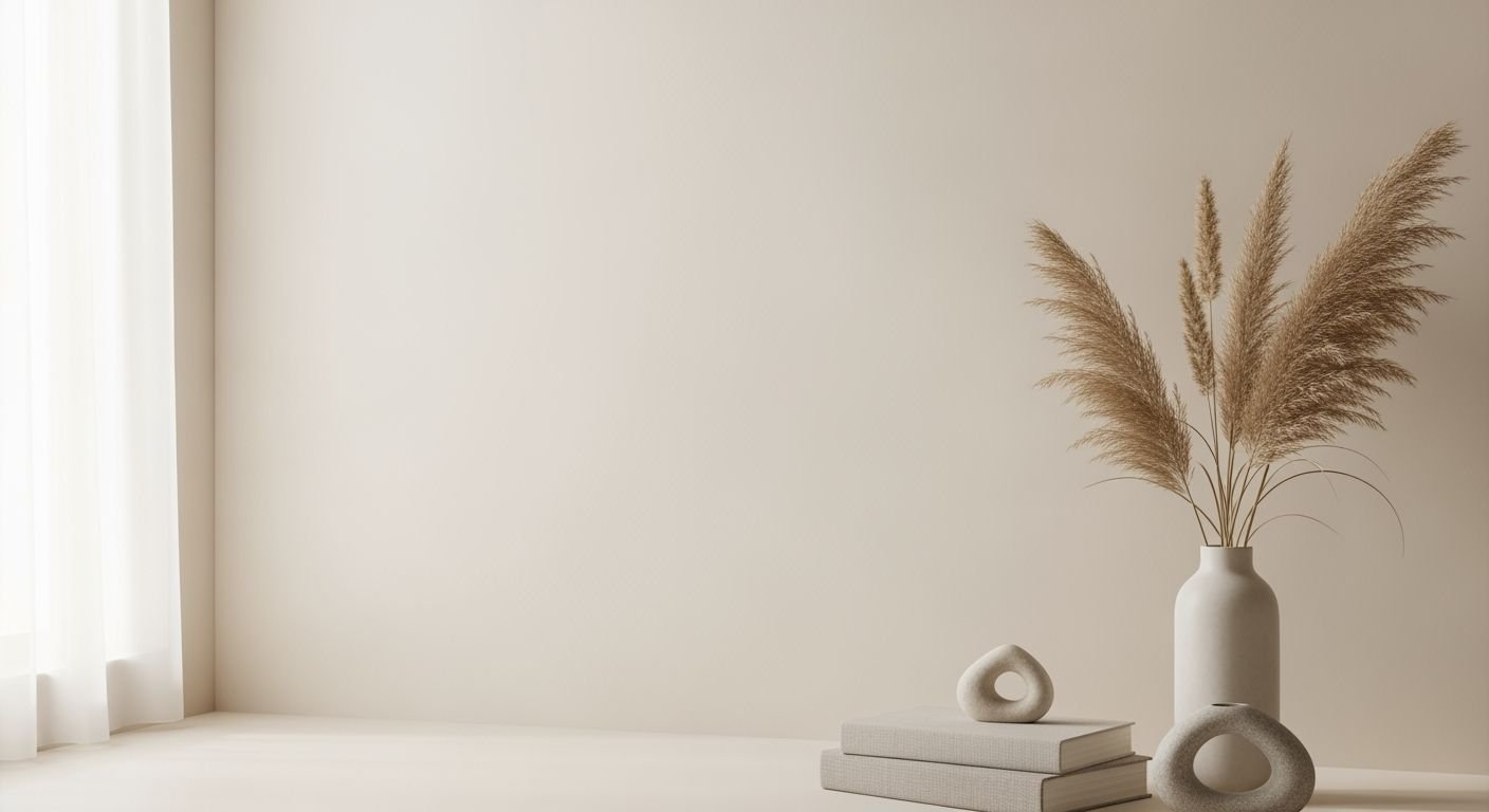Vase of pampas grass sitting on top of a white table Background Image
