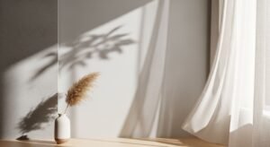 Vase sitting on top of a wooden table next to a window Background Image