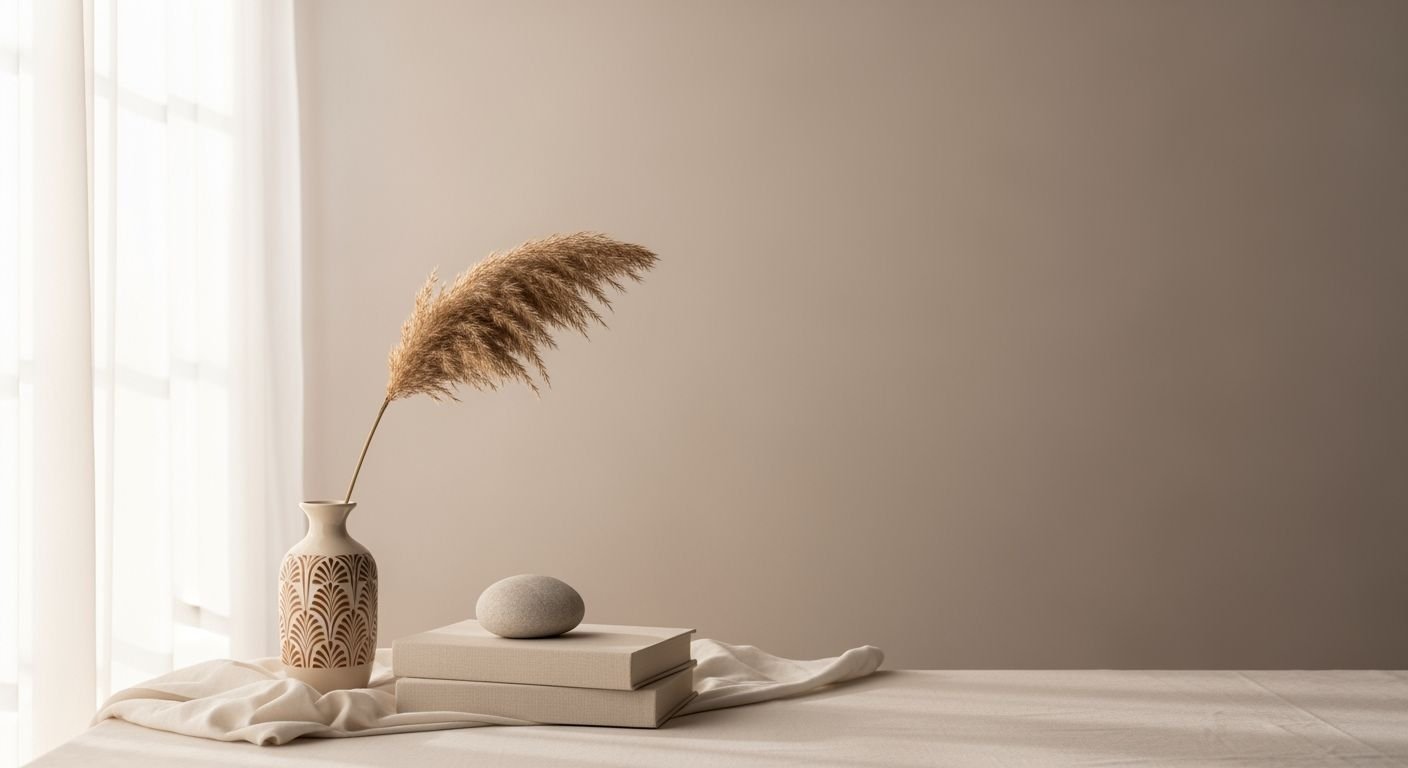 Vase with a pampas grass in it sitting on a table Background Image
