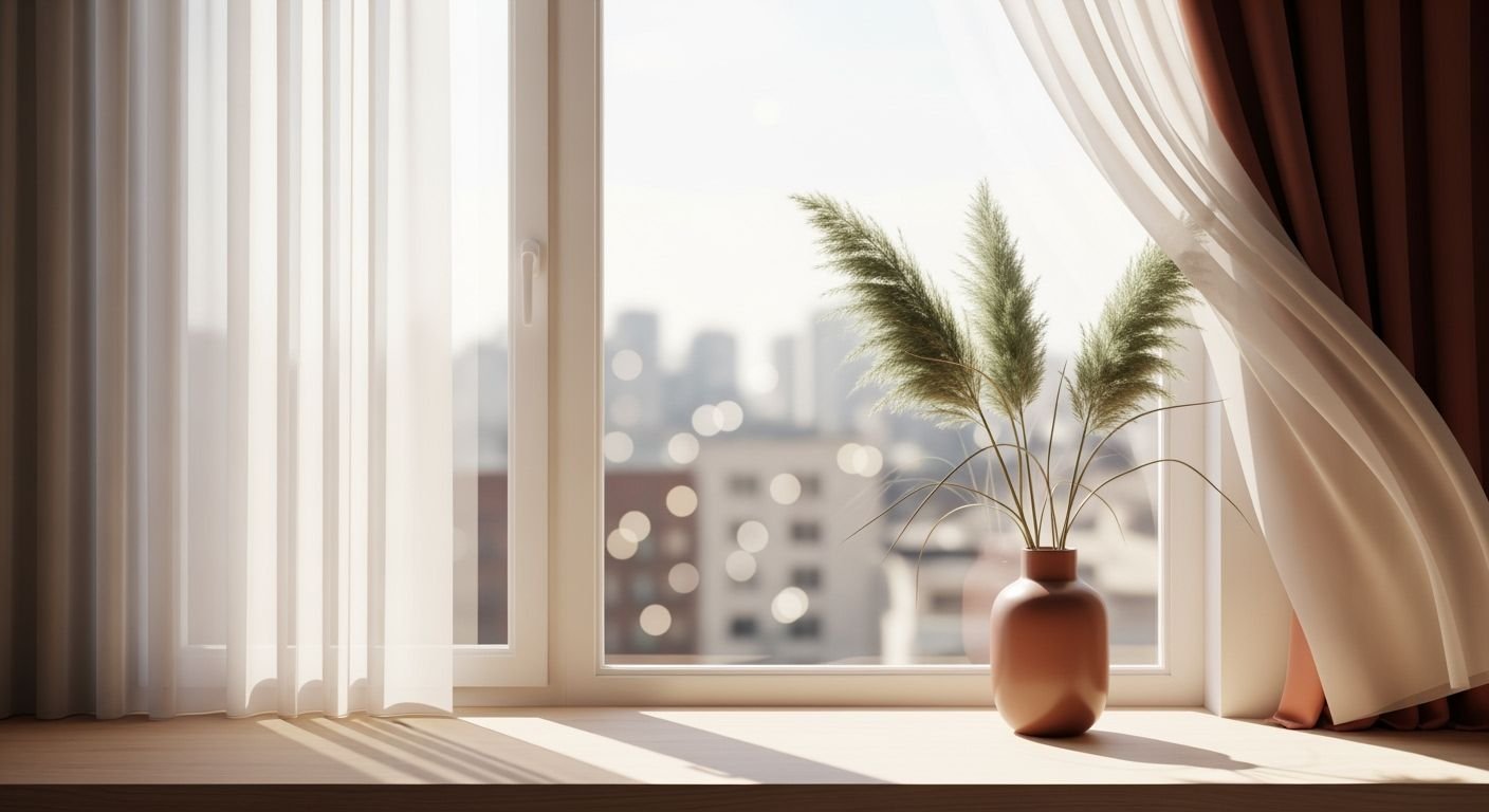 Vase with a plant sitting in front of a window Background Image