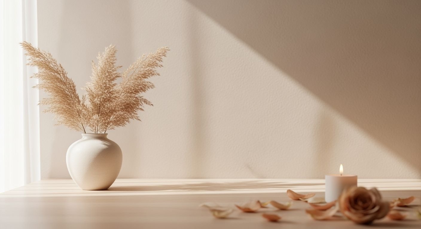 Vase with dried grass and a candle on a table Background Image